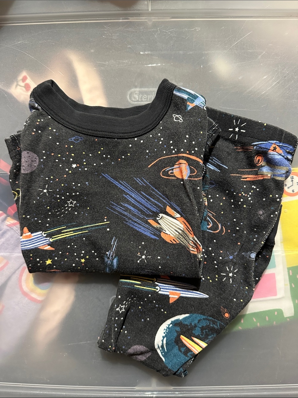3T Hanna Andersson Black Space Rocket Pajama Set with Colorful Rockets